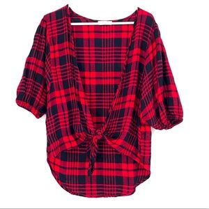 Freebird Plaid Tie Front Blouse
